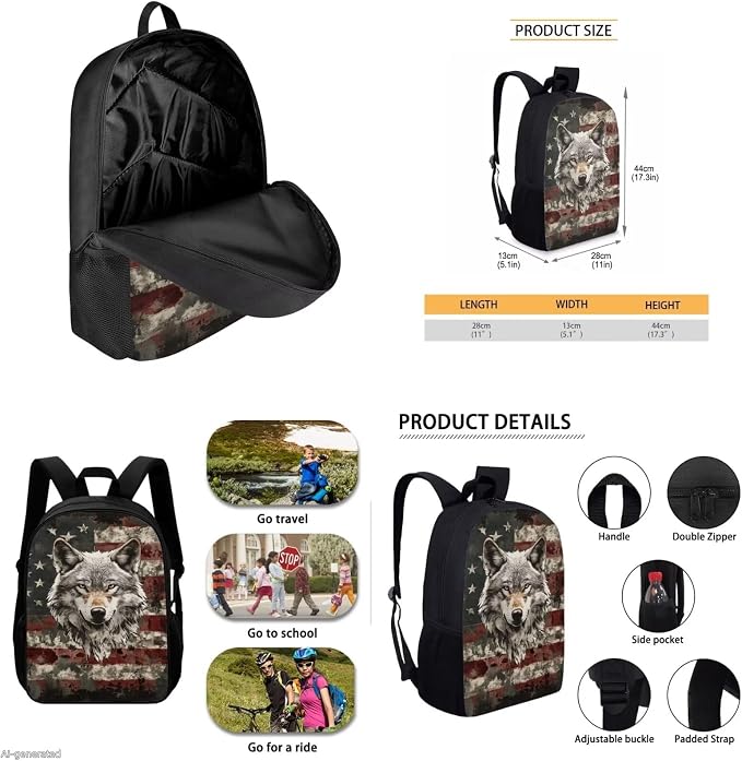 GIFTPUZZ Patriotic Wolf Backpack Set Boys 6-8 | 17 Inch Polyester, Lunch Box, Adjustable Straps, School, Birthday Back to School Gifts for Him - Image 4