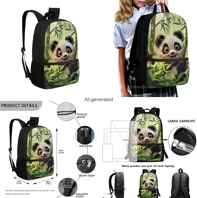 Panda Backpack for Girls Boys Backpack with Lunch Box Water Bottle Pouch and Kawaii Pencil Case 4PCS Set Cute Bookbag with Front Pocket for School 17 inch Large Sturdy School Bag for Kids - Image 3