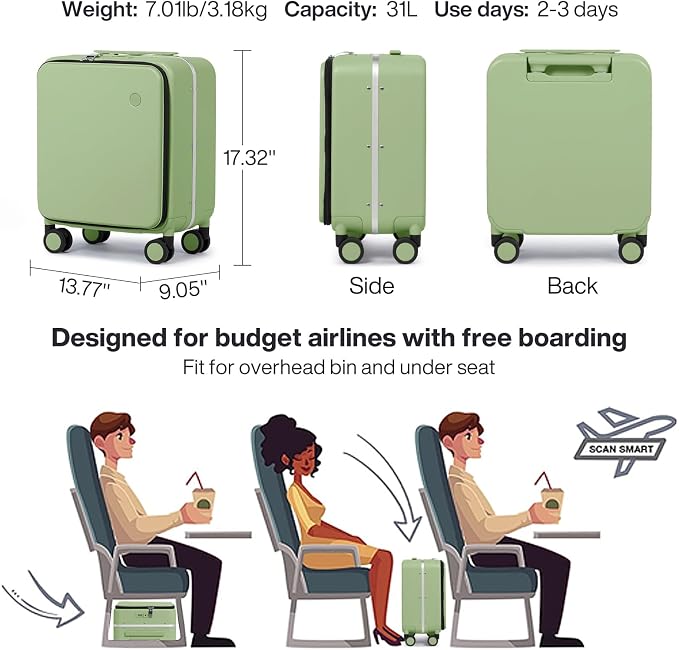 mixi 17x14x9 Carry On Luggage Underseat PC Hard Shell Suitcase Top Opening Aluminum Frame Travel Suitcases with Wheels, Avocado Green - Image 6