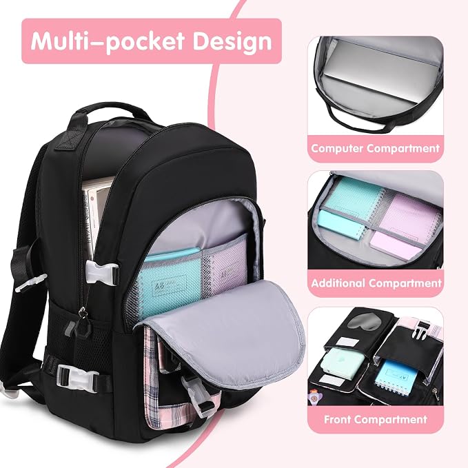 ACESAK Backpack for Girls with Insulated Water Bottle, Bookbag Backpack for Girls Kids, 14oz Kids Water Bottle Stainless Steel, Lunch Bag & Pencial Case, Back To School Gift (Black) - Image 3