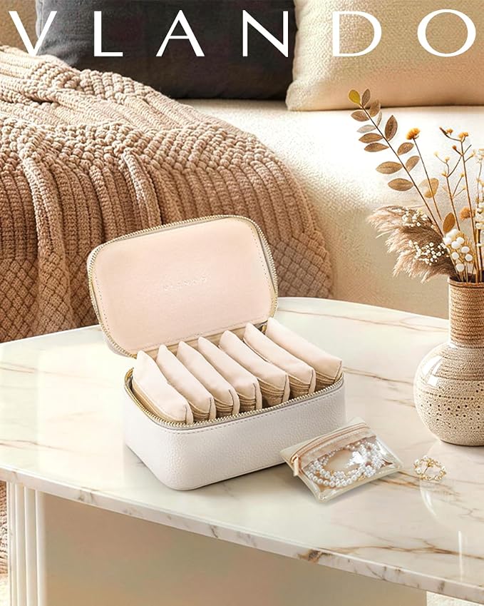 VLANDO Travel Jewelry Case with 8 Velvet Jewelry Bags Jewelry Travel Organizer Box for Girls Jewelry Box for Rings Earrings Brides Gifts Birthday Gifts for Women Teen(White) - Image 8