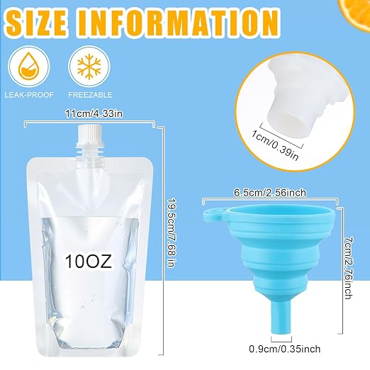Patelai 300 Pieces Plastic Liquid Pouch Reusable Juice Pouches Travel Water Leak Proof Bags Bulk with Collapsible Silicone Funnel for Travel Outdoor (10 oz) - Image 4