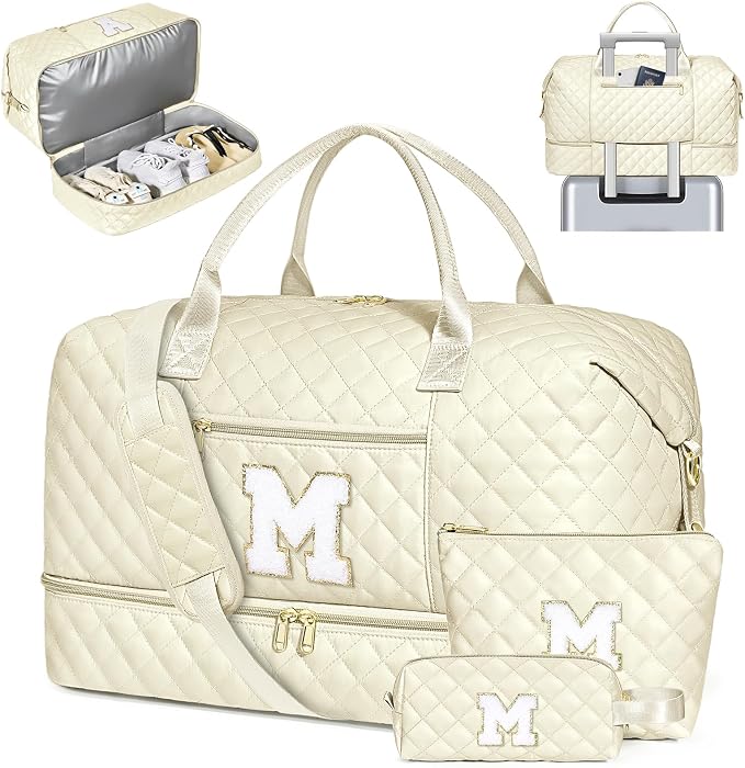 Graduation Birthday Gift for Her, Personalized Initial Weekender Bag for Women 45L Travel Duffle Carry On Quilted, 3PCS Overnight with Cosmetic & Toiletry Bag, Shoe Compartment, Gym Dance Bag for Girl by ITIEZY