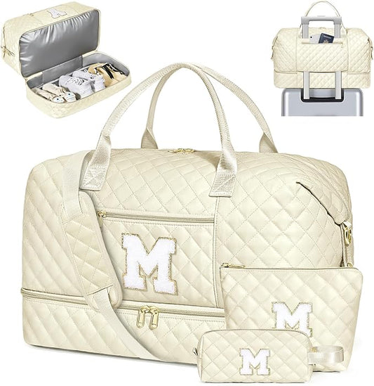 Graduation Birthday Gift for Her, Personalized Initial Weekender Bag for Women 45L Travel Duffle Carry On Quilted, 3PCS Overnight with Cosmetic & Toiletry Bag, Shoe Compartment, Gym Dance Bag for Girl by ITIEZY