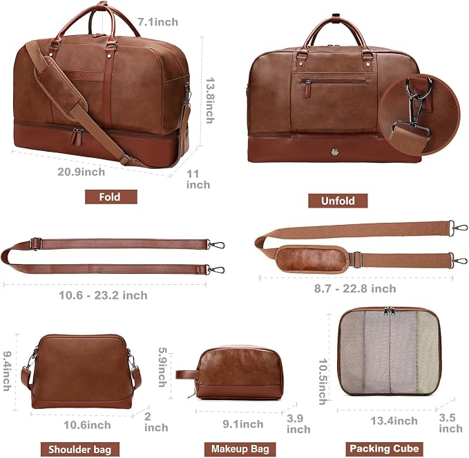 Large 4-in-1 Leather Duffle Bag for Travel Weekender Overnight Hospital Gym Bag for Men & Women, Carry On Airline Approved Personal Item Duffel Garment Bag Luggage with Shoe Compartment & Toiletry Bag - Image 3