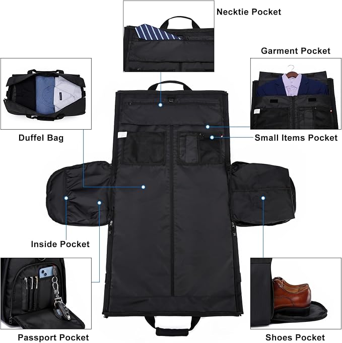 Garment Bags for Travel Large Suit Bag for Men Carry On Garment Bag Convertible Garment Duffle Bag with Shoes Compartment,2 in 1 Hanging Dress Suitcase Suit Travel Bags,Black - Image 5