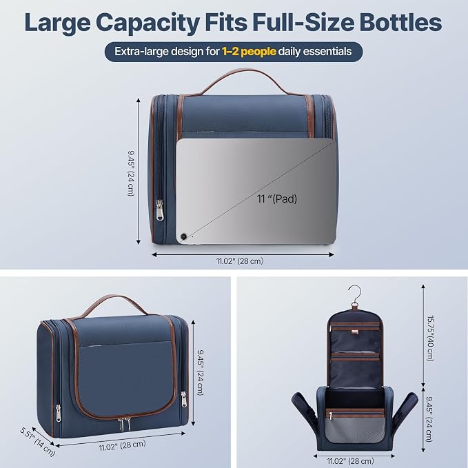 ZAHNI Men’s Hanging Toiletry Bag, Large Capacity Toiletry Organizer | Water-Resistant Toiletry Bag With 360° Hook, Multiple Compartments For Grooming & Shaving, Ideal For Travel & Business, Navy - Image 2