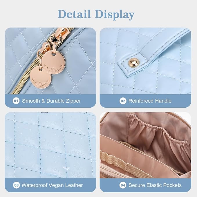 Travel Makeup Bags Cosmetic Organizer: 3Pcs Set Puffy Make up Bag for Women | Blue Premium Quilted ELEGANCE Design | Large Capacity Leather Toiletry Bags | Wide Open Compact Case for Travel Essentials - Image 6