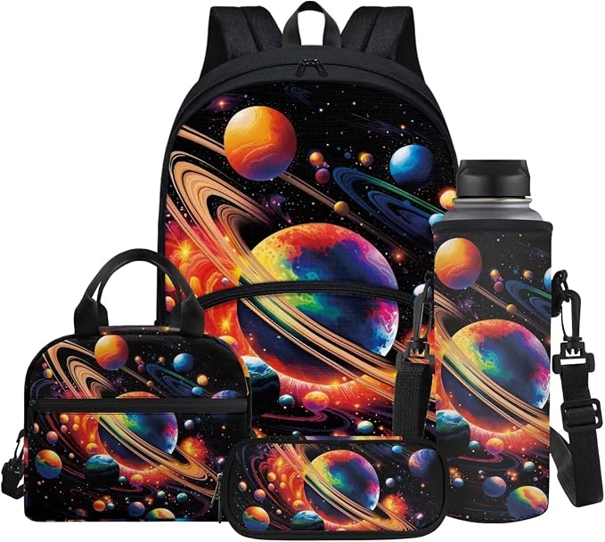 Colorful Planet Print Kid's Backpack Set with Lunch Bag & Pen Bag & Water Bottle Sleeve, 17 Inch Large Capacity School Bag 4 in 1 by Glomenade