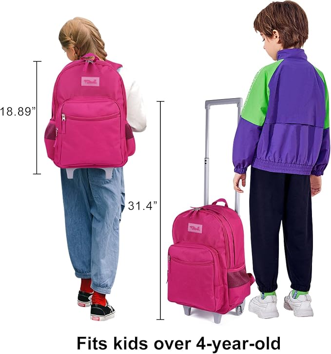 Tilami Rolling Backpack 18 inch Double Handle with Lunch Bag Wheeled Kids Backpack, Deep Pink - Image 7