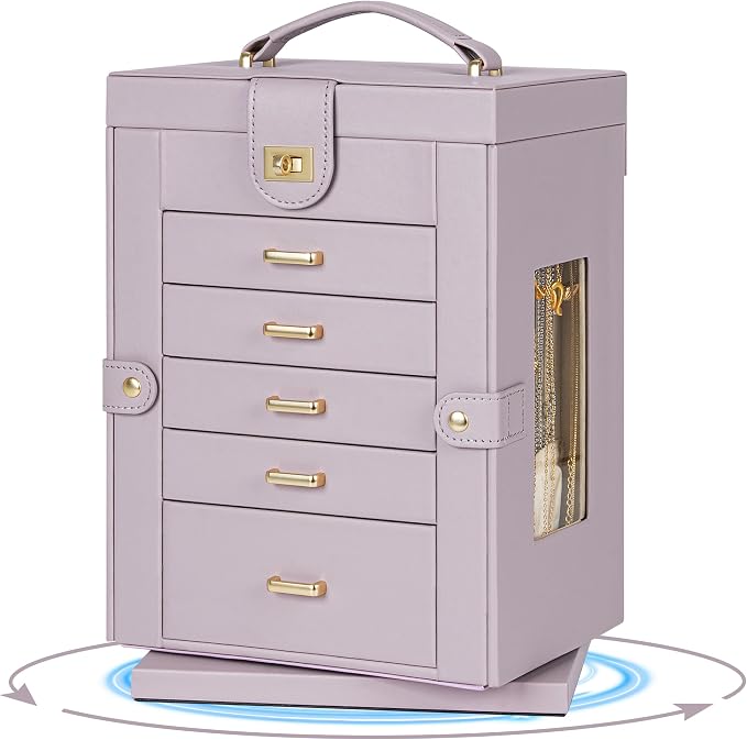 AKOZLIN 6-Tier Jewelry Box Organizer Functional 5 Drawers Leather Jewelry Storage Case for Women Girls Ring Necklace Earring Bracelet Holder Organizer with Mirror Purple 360° Rotating - Image 5