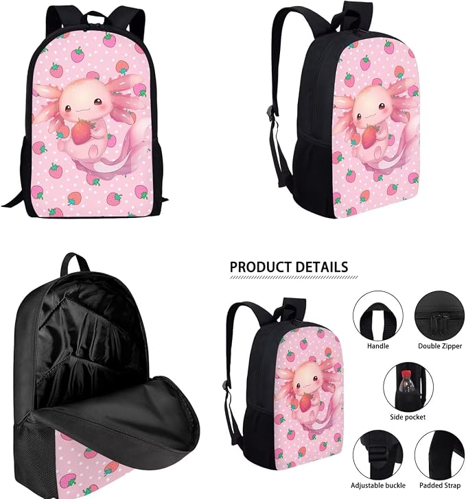 Personalized Axolotl Backpack with Lunch Box Kids Girls Custom Strawberry Bookbag for 1st Grade Elementary School Book Bags Primary Back Pack Lunch Bag Pencil Case Water Bottle Holder Set - Image 2