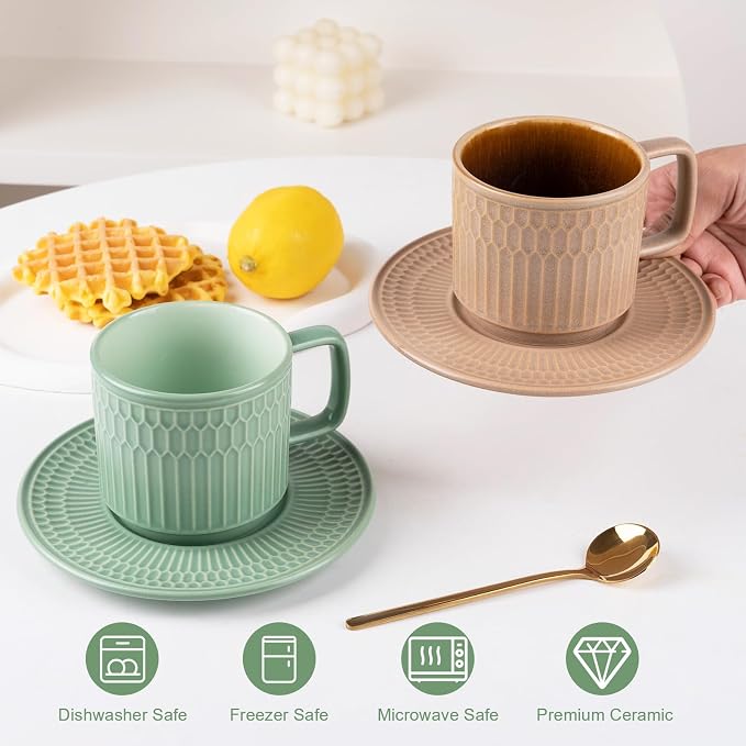 8oz Cappuccino Cups with Saucers Set of 4, 8 Ounce Stackable Embossed Ceramic Coffee Mugs for Specialty Coffee Drinks, Latte Mugs, Cafe Mocha and Tea, Dishwasher & Microwave Safe (Mix) - Image 6
