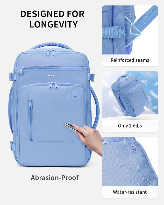 ECOHUB 17" Small Travel Backpack, United Airlines Personal Item Bag 17x10x9 with 16 Pockets, Water Resistant Rucksacks Fit 15.6" Laptop, AirTag Pocket, Lightweight Casual Daypack, 25L, Light Blue - Image 6