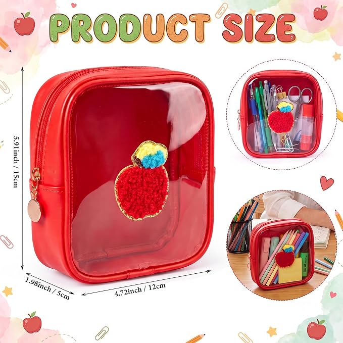 12 Pack Back to School Clear Makeup Bag PVC Transparent Cosmetic Pouch with Red Apple Embroidery, Teacher Appreciation Gifts, Small Waterproof Leather Bag for Women - Image 2
