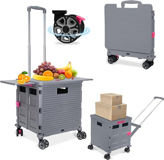 FELICON SELORSS Folding Utility Cart Portable Rolling Crate Handcart-Gray | Adjustable Handle+Extended Magnetic Lid,Storage Basket Box,4 Swivel Wheels Tote for Teacher Move Shop Travel Grocery Office by FELICON
