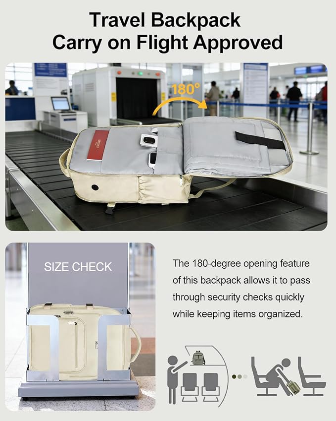 Travel Backpack for Women & Men, Carry On Personal Item Bag Flight Approved, Large Waterproof Laptop Backpack for Travel, Overnight, College & Commuting Beige - Image 3