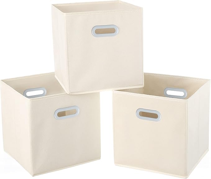 Fabric Cloth Storage Bins,Fabric Cube Organizer with Dual Handles Foldable Cube Storage Baskets for Home Bedroom Storage,Set of 3, Creamy-White by SEVENDOME