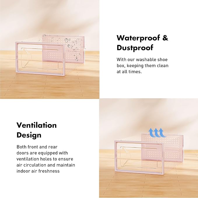 Foluck Shoe Storage Box, 15 Pack Clear Plastic Stackable Organizer for Closet, Interlocking Design Shoes Container Bins for Sneakers, Foldable Shoe Rack with Lids, Pink - Image 5