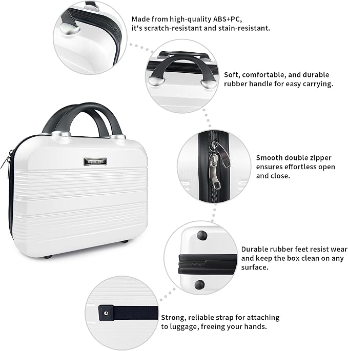 14 Inch Waterproof Hard Shell Travel Makeup Case (White) | ABS Scratch-Proof, Carrying Cosmetic Organizer Case with Elastic Band, Train Case, Mini Suitcase Vanity Case for Women Girl - Image 4