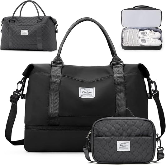 Weekender Bags for Women,Personal Item Travel Bag with Shoes Compartment | Overnight Travel Duffel Bag with Grid Travel Set,Carry-On Bag,3 Pcs Set,Large by SYCNB