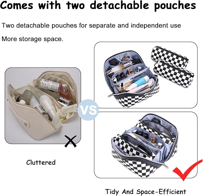 BOYATU Travel Makeup Bag Cosmetic Bags for Women: Large Make up Bags Set of 3 - Portable Makeup Organizer with Compartments&Handle&Divider - Waterproof PU Leather Toiletry Bag(A-5-Checkered Mix Black) - Image 7