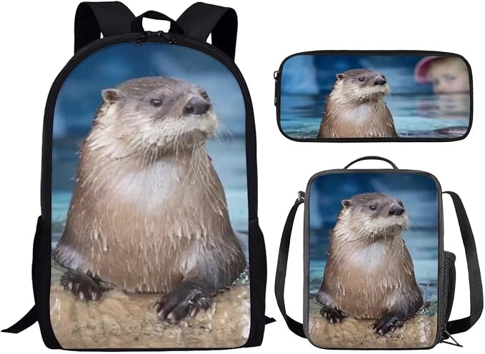 Kids Novelty Animal Backpack and Lunch Box for Boys Girls Student Lightweight 17 Inch School North American River Otter Backpack with Lunch Bag Pencil Case Kids Comfy Padded Black Large Bookbag - Image 2