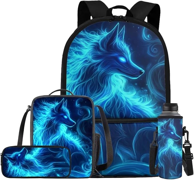 Galaxy Wolf Backpack for Girls Boys Backpack with Lunch Box Water Bottle Bag and Soft Pencil Case 4PCS Set Bookbag with Front Pocket for School 17" Lightweight Elementary School Bag for Kids by ELEDIZI