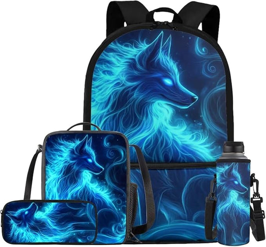 Galaxy Wolf Backpack for Girls Boys Backpack with Lunch Box Water Bottle Bag and Soft Pencil Case 4PCS Set Bookbag with Front Pocket for School 17" Lightweight Elementary School Bag for Kids by ELEDIZI