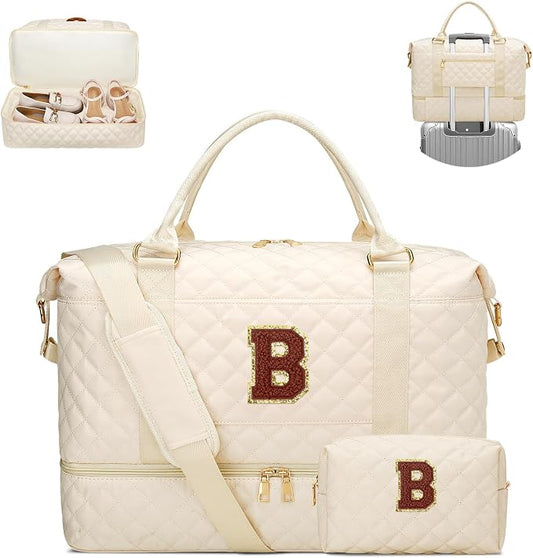 Gifts for Women Initial Travel Duffle Bag Quilted Weekender Bags Carry-On Overnight with Cosmetic Bag, Gym Bag with Shoe Compartment Hospital Bag for Women Labor Delivery, Beige-B by Unknown