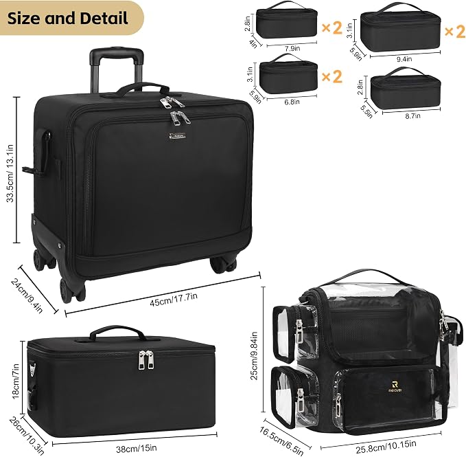 TANTO Rolling Makeup Train Case, Makeup Brushes Holder Extra Large Cosmetology Case on Wheels Professional Salon Travel Cosmetic Organizer for Makeup Artists with 7 Pouches & Swivel Wheels - Image 4
