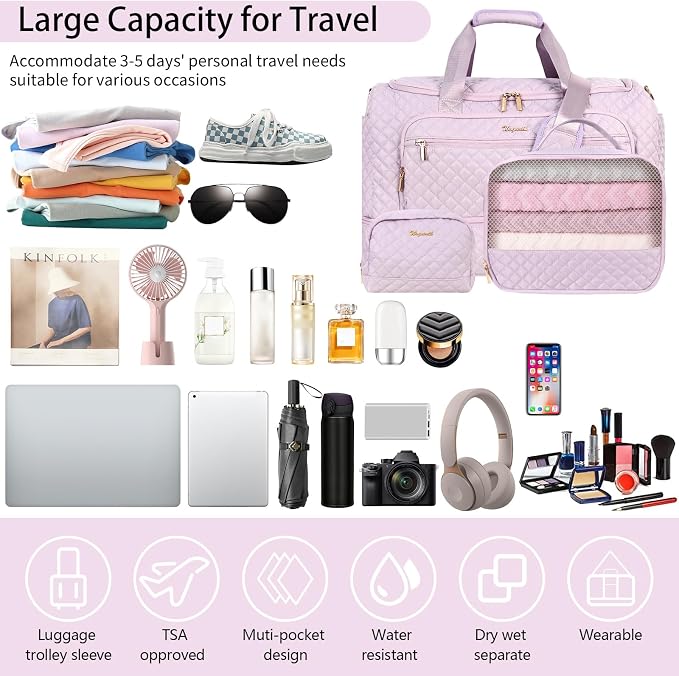 Wogarl 3PCS Weekender Bags for Women Large Overnight Bag Weekend Travel Duffel Bag Carry on Shoulder with Shoe Compartment Canvas Toiletry Bag for Travel Business Gym,Pastel Pink - Image 7