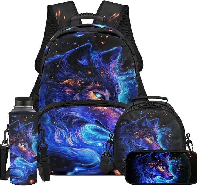 Dominant Wolf Kids Backpack Set 4Pcs School Bookbag with Lunch Box for Boys 6-10 Lightweight Elementary School Bag for Boys Large Capacity Set Bottle Slevee Cool Pencil Case Gifts Travel by Unknown