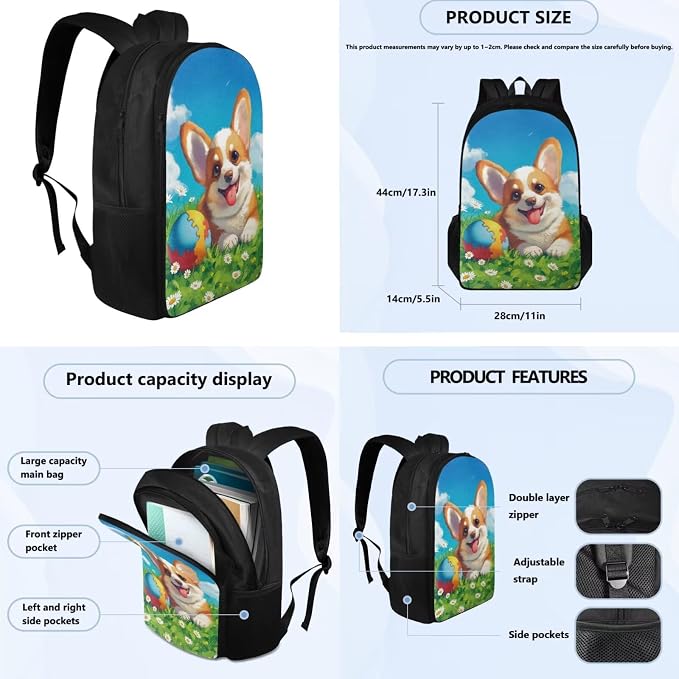 Cute Corgi Backpack for School Girls Backpack with Lunch Box Water Bottle Holder and Soft Pencil Case 4PCS Set 17" Large Bookbag with Compartments Lightweight Elementary School Bag for Kids - Image 4