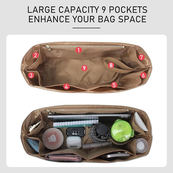 Dupont Paper Purse Organizer Insert, Coach Brooklyn 39 Bag Insert, Lightweight Water-Resistant Tote Bag Organizer Inner Shaper with 9 Pockets, Cup Holder & YKK Zipper - Image 3