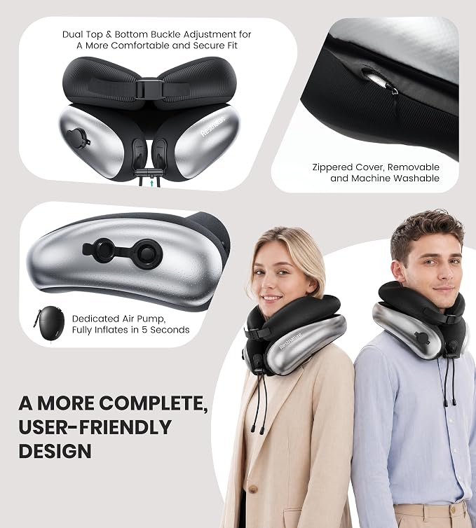 Neck Pillow, Upgraded Adjustable Travel Neck Pillow for Airplane – Patented Inflatable Design with Memory Foam for 360° Ergonomic Head & Neck Support (Black-M) - Image 6