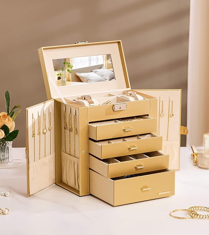 Homde Synthetic Leather Huge Jewelry Box Mirrored Watch Organizer Necklace Ring Earring Storage Lockable Gift Case (Gold) - Image 9