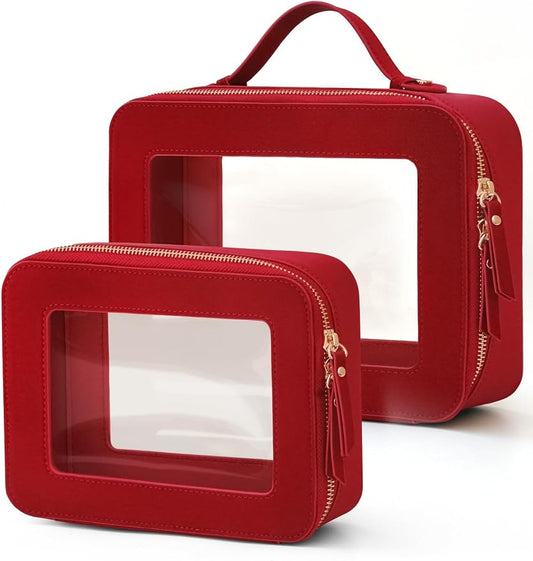 Popvibe Clear Makeup Bag Travel Cosmetic Case Toiletry Bag with Zipper, Red, Medium and Large by POPVIBE