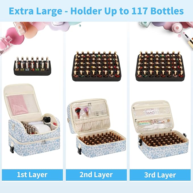 Extra Large Nail Polish Organizer - Three Layer Nail Organizers And Storage Bag, Portable Nail Supplies Organizer Case, Nail Tech Kit Travel Carrying Box with Shoulder Strap (Floral Blue, 117 Slots) - Image 3