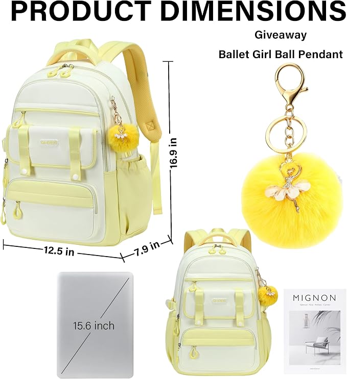 School Backpack for Girls, 3PCS Laptop Backpack 15.6 Inch with Lunch Box Pencil Pouch Set for Kids Teens Elementary Middle High School College Bookbag Student Casual Travel Daypack,Yellow Beige - Image 6