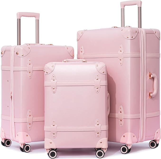 NZBZ Vintage Luggage Sets for Women Retro Suitcase Cute Vintage Expandable Luggage of 3 (Blush Pink, 20inch & 24inch & 28inch) by NZBZ
