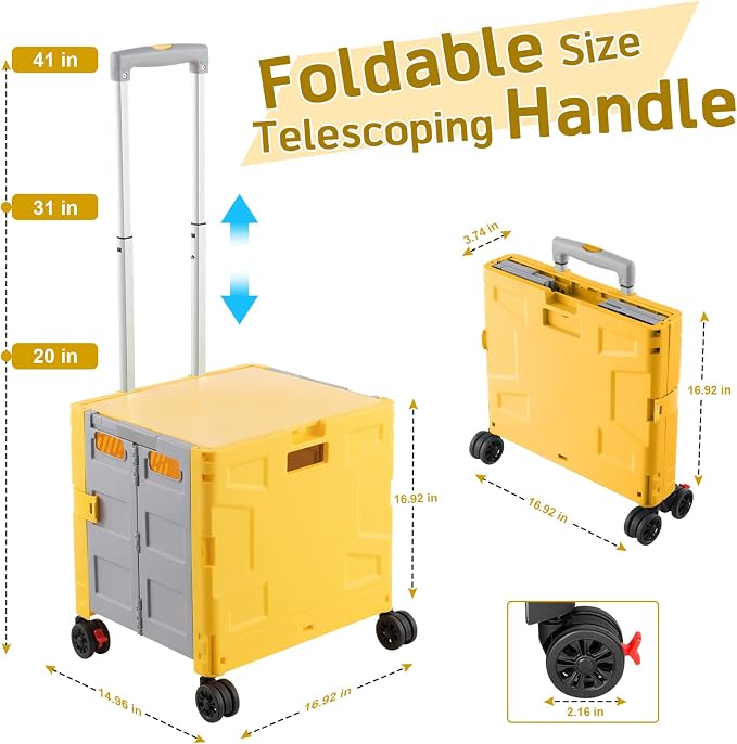FELICON Folding Utility Cart Rolling Crate Handcart Basket Tote-Yellow+Gray | Collapsible Hidden Lid,Plastic Box,Telescoping Handle,4 Rotate Wheels for Travel Shop Move Grocery Laundry Office Teacher Use - Image 3