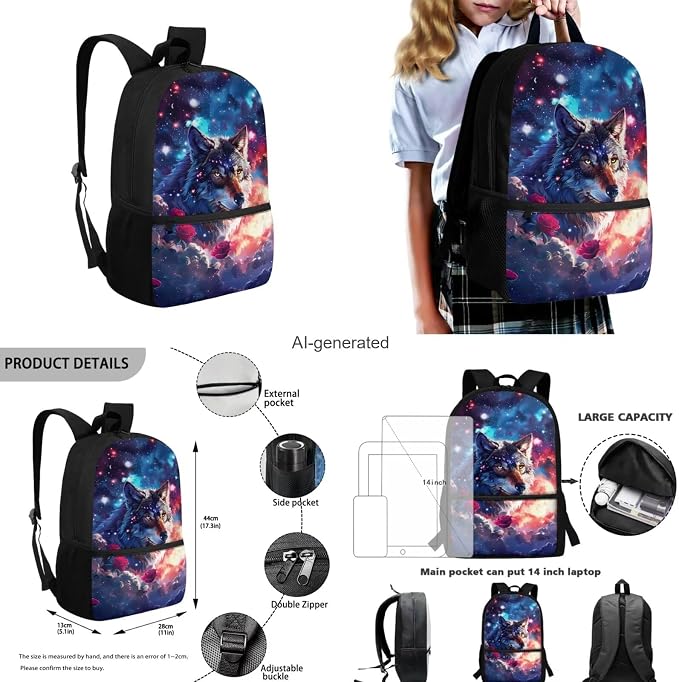 Galaxy Wolf Backpack for Girls Kids Backpack with Lunch Box Water Bottle Carrier and Aesthetic Pencil Case 4PCS Set Bookbag with Front Pocket for School 17 inch Large Capacity School Bag - Image 3
