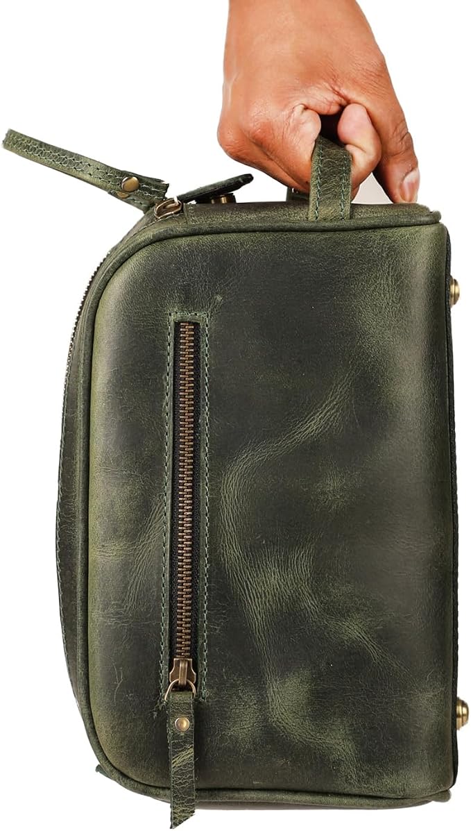 KomalC Leather Toiletry Bag for Men & Women – Handcrafted Travel Grooming Kit with Water-Resistant Lining and Secure Zipper Closure - Image 4