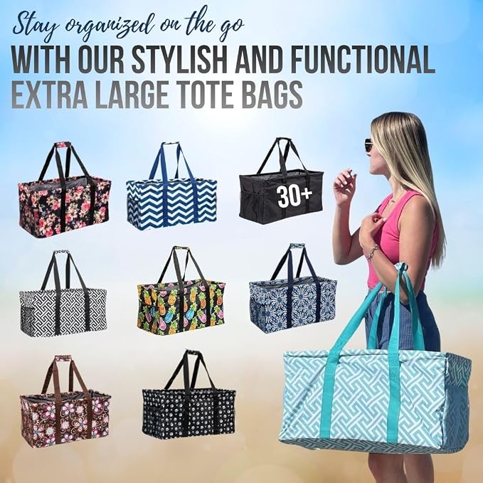 Extra Large Utility Tote Bag - Oversized Collapsible Reusable Wire Frame Rectangular Canvas Basket With Two Exterior Pockets For Beach, Pool, Laundry, Car Trunk, Storage - Damask Gray - Image 9