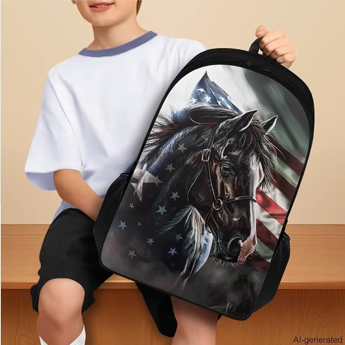 American Flag Horse Backpack for Boys Girls Backpack with Lunch Box Water Bottle Holder with Strap and Pencil Pouch 4PCS Bookbag with Compartments for School Teens 17 inch School Bag for Kids - Image 3