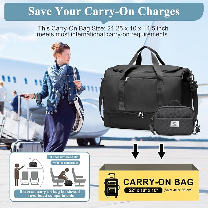 Extra Large Travel Duffle Bag,Carry on Overnight Bag with Shoes Compartment,Weekender Bags for Women for Travel Business Trips Sport Hospital,3 Pcs Set,Black - Image 2