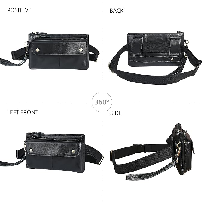 Water Resistant Canvas + Leather Hiking Riding Travel Fanny Waist Pack Small Phone Pouch For Men Women FB811-29 (100% Leather-The 8136 Black) - Image 4
