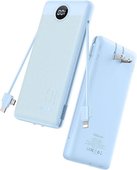 VRURC Portable Charger with Wall Plug and Cables, 10000mAh Power Bank with 22.5W Fast Charging USB Port,4 Outputs Dual Inputs Slim Compact Rechargeable Battery Pack Travel Accessories-Blue(1 Pack)