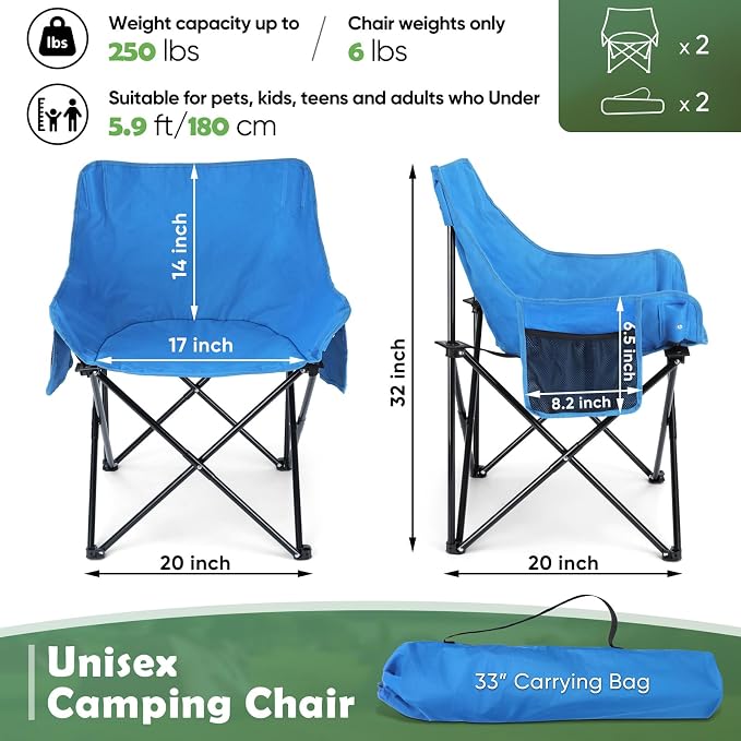 HaSteeL Camping Chair for Adults, Compact Folding Portable Chairs Set with Side Pockets for Outdoors Fishing, Hiking, Backpacking, Picnic, Beach, Travel, Supports to 250lbs, & Storage Bags (Blue) - Image 2